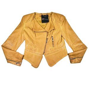 The Fillmore Vegan Leather Moto Jacket Yellow sz M Zippers Collar Faux Pleather